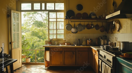 Wide Shot of an Empty Cosy Kitchen Decorated with Indian Style. Stylish Traditional South Asian Home with Utensils and Wide Window Letting the Spring Warmth and Light in. Vintage Warm Aesthetic