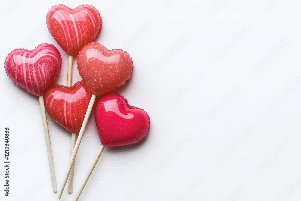 Colorful heart-shaped lollipops arranged on a white background, perfect for celebrations. Colorful heart-shaped lollipops arranged on a white background, perfect for celebrations.