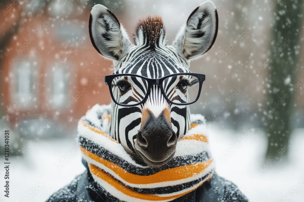 Zebra wearing glasses and a scarf during a snowfall, creating a humorous and surreal winter scene Zebra wearing glasses and a scarf during a snowfall, creating a humorous and surreal winter scene