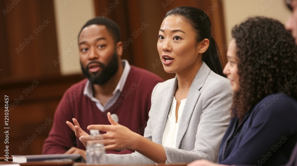 Three people are sitting at a table, one of them is a woman with a white shirt and a black beard. The woman is talking to the other two people Three people are sitting at a table, one of them is a woman with a white shirt and a black beard. The woman is talking to the other two people