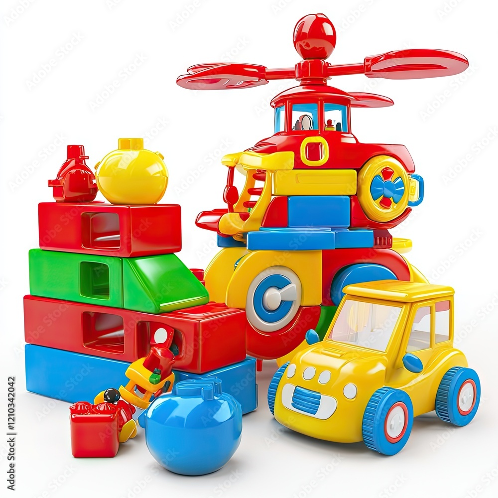Colorful plastic toys, blocks, and vehicles; play; white background; educational Colorful plastic toys, blocks, and vehicles; play; white background; educational