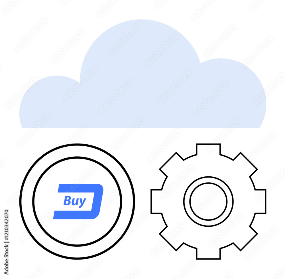 Circular Buy button, gear, and cloud emphasize digital transactions, system processes, and online platforms. Ideal for e-commerce, fintech, cloud services, automation software data management