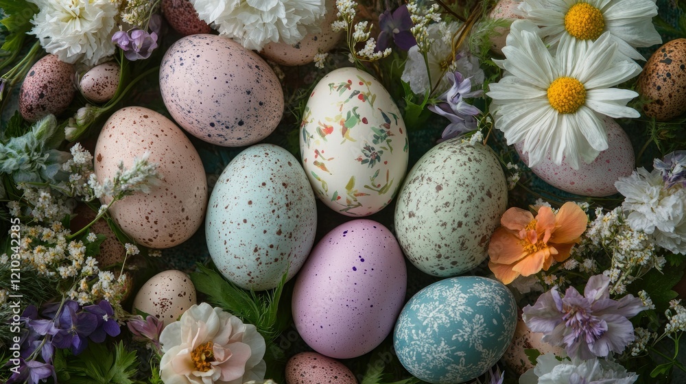 Obraz premium Pastel Easter eggs surrounded by seasonal flowers, creating a charming and festive scene with space for text.