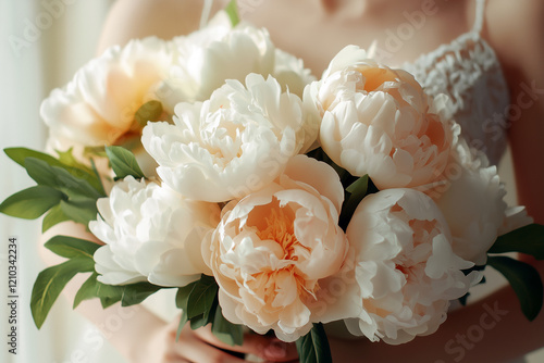 Close up view of bride's hand holding beauty wedding flowers bouquet with luxury white peons photo