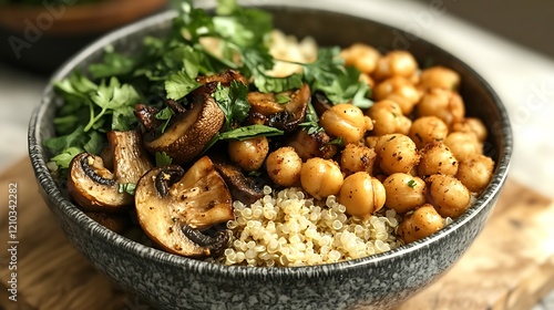 Healthy high protein vegan plant based lunch bowl with mushrooms roasted cauliflower herbed chickpeas and quinoa photo