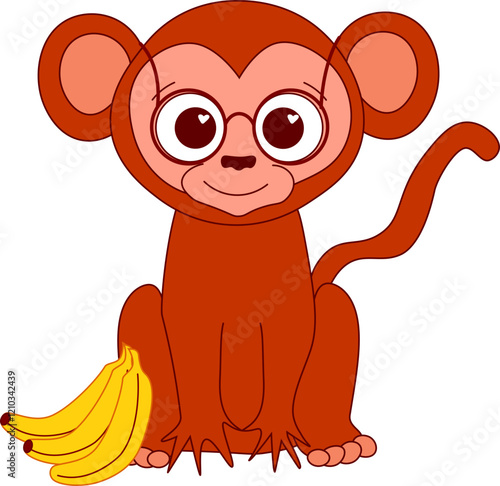 cute baby monkey with glasses and bananas. Vector illustration of character graphic line style on transparent background. china new year 2028 mascot