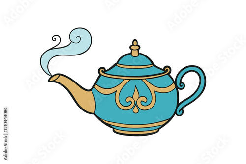 Ornate teapot with steam escaping vector art illustration