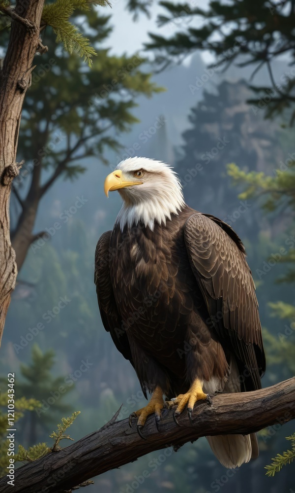 Bald eagle perched on a tree branch with its nictitating eyelid slightly visible, gazing out at the surrounding landscape, tree branch, bald eagle Bald eagle perched on a tree branch with its nictitating eyelid slightly visible, gazing out at the surrounding landscape, tree branch, bald eagle