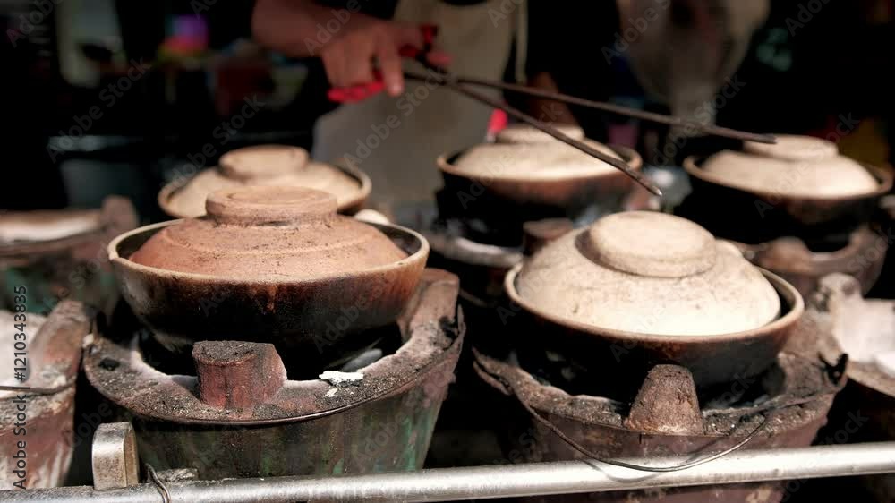 Street food vendor preparing and serving traditional food in clay pots over charcoal stoves Street food vendor preparing and serving traditional food in clay pots over charcoal stoves