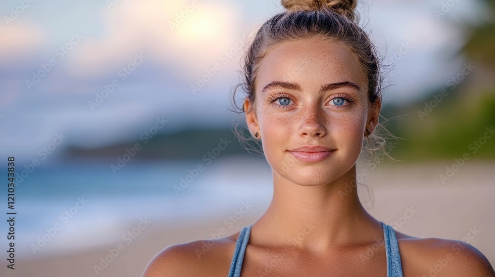 Young Woman with Blue Eyes Smiling on Beach at Sunset Young Woman with Blue Eyes Smiling on Beach at Sunset