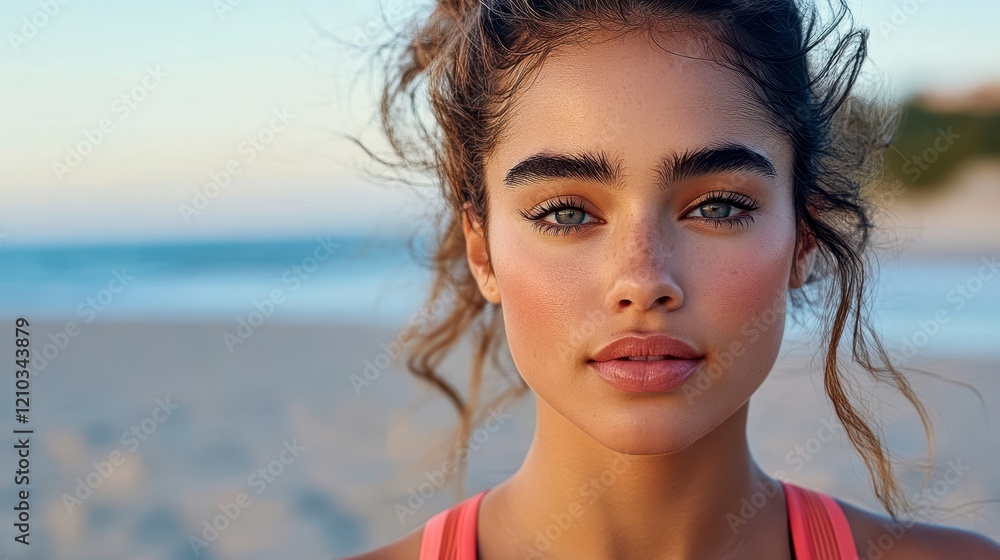 Young Woman with Beautiful Skin and Striking Eyes by the Beach Young Woman with Beautiful Skin and Striking Eyes by the Beach