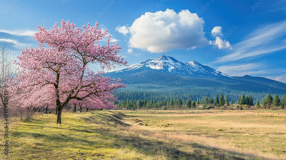 Soft pink cherry blossoms cascading in front of a distant mountain range on a calm and sunny spring day. Soft pink cherry blossoms cascading in front of a distant mountain range on a calm and sunny spring day.