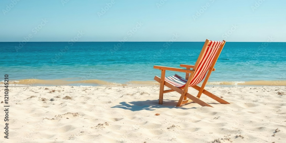 Beach chair on sandy beach with clear blue sky and calm ocean, seascape, blue sky, peaceful Beach chair on sandy beach with clear blue sky and calm ocean, seascape, blue sky, peaceful