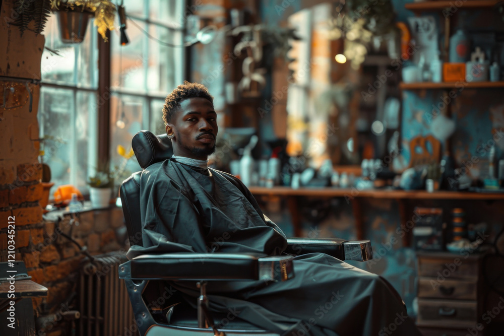 A customer sits in the chair at a trendy barbershop, surrounded by a unique interior with rustic décor. The atmosphere is relaxed, showcasing an artistic blend of styles and colors. A customer sits in the chair at a trendy barbershop, surrounded by a unique interior with rustic décor. The atmosphere is relaxed, showcasing an artistic blend of styles and colors.