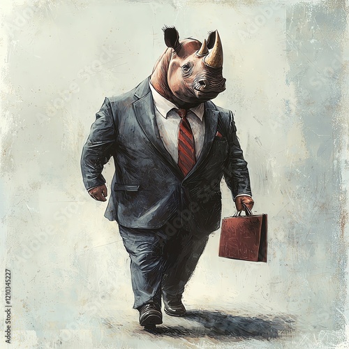 Blending Animals with Businessmen in a Dynamic Business Concept, Animal Businessman Fusion A surreal businessman with a rhino head.