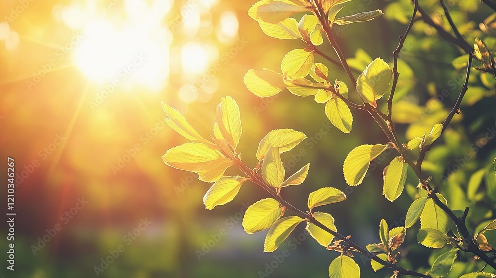 Obraz premium Sun-dappled branches with fresh green spring leaves, framed in a peaceful forest setting, showcasing spring's natural beauty.