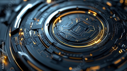 A close-up view of a futuristic circuit board with intricate designs and glowing elements, emphasizing technology and digital innovation.