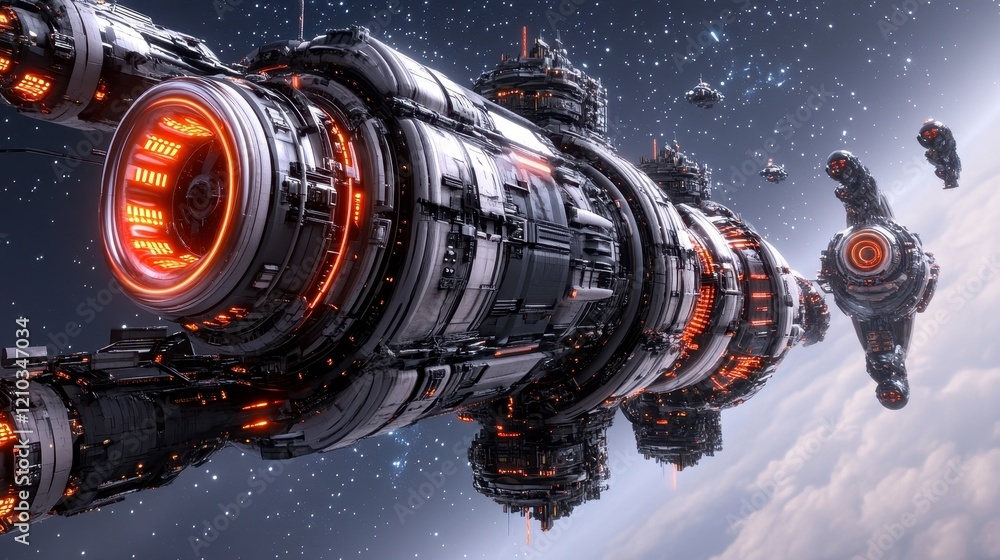 Futuristic Space Station with Detailed Structure and Bright Lights Futuristic Space Station with Detailed Structure and Bright Lights