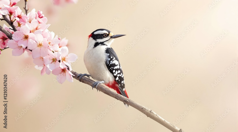 Obraz premium Beautiful white backed woodpecker perched on a tree branch with vibrant spring blossoms in the background, springtime, woodland, tree