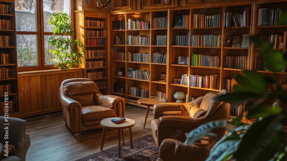 Cozy library interior, warm lighting, shelves filled with books, wooden details, vintage atmosphere, tranquil and inviting space, rich in character and detail Cozy library interior, warm lighting, shelves filled with books, wooden details, vintage atmosphere, tranquil and inviting space, rich in character and detail