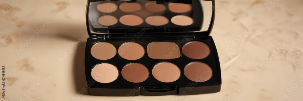 Beige brown warm eyeshadows in a compact case with an applicator, beauty products packaging, beige brown shades Beige brown warm eyeshadows in a compact case with an applicator, beauty products packaging, beige brown shades