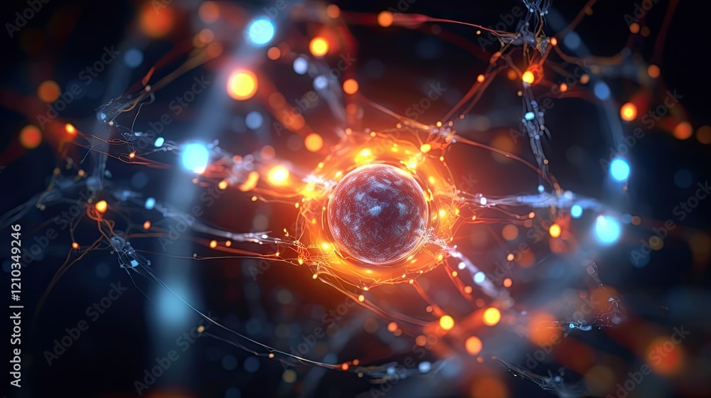 Obraz premium Quantum DNA: Glowing Subatomic Particles Orbiting Nucleus. Illustration of Subatomic Particles in Mechanic Energy and Molecular Chemistry