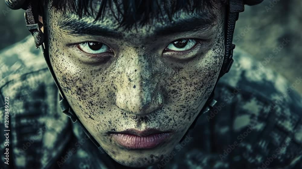 An Asian soldier stands resolute in his muddy uniform, with a dirty face, embodying the spirit of duty and sacrifice.