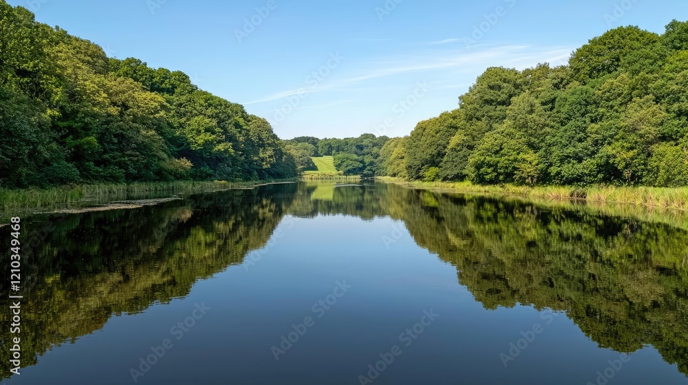 Serene summer river reflection in lush green forest. Ideal for travel brochures or nature documentaries Serene summer river reflection in lush green forest. Ideal for travel brochures or nature documentaries