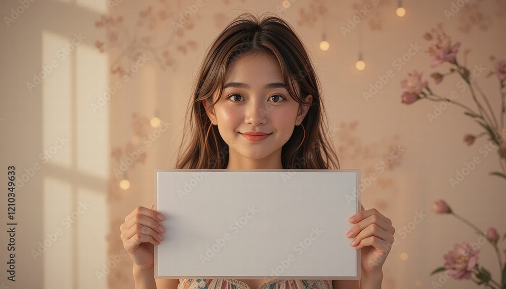 A woman holds a blank card, smiles and shows off the blank space for an advertisement or message. A woman holds a blank card, smiles and shows off the blank space for an advertisement or message.