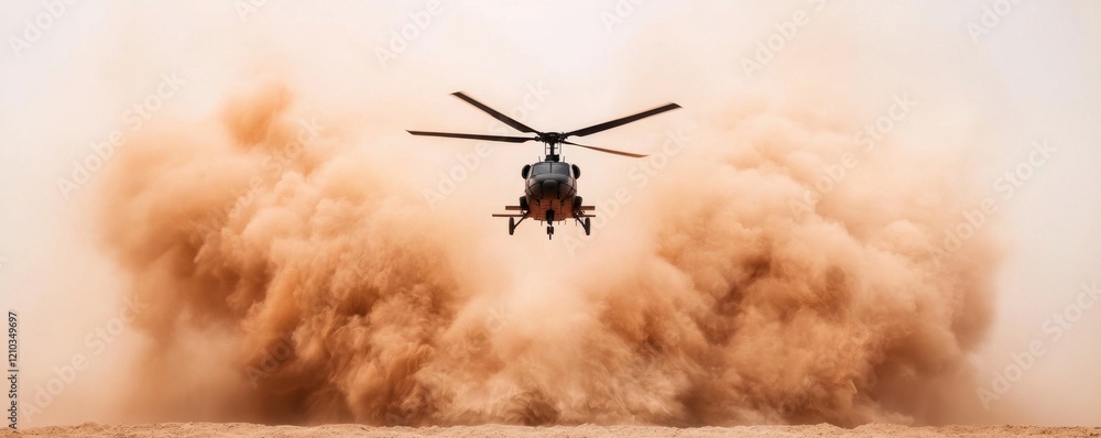 A helicopter hovers above a cloud of dust, creating a dramatic scene of airborne turbulence in a sandy environment. A helicopter hovers above a cloud of dust, creating a dramatic scene of airborne turbulence in a sandy environment.