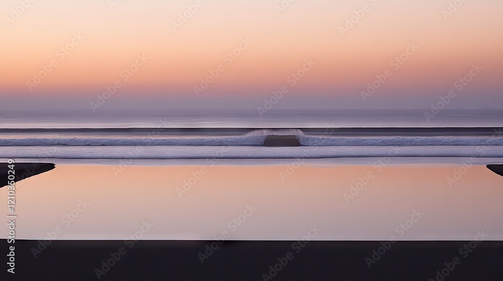 Obraz premium Serene ocean sunset, reflecting calm waters, tranquil beach scene, ideal for travel brochures