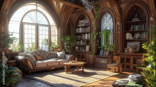 Fototapeta Naklejka Na Ścianę i Meble -  Boho cozy living room design, bright wall mockup, 3d render, 3d illustration