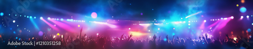 Concert crowd enjoying the show with colorful lights banner