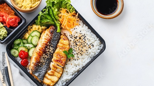 Bento box with rice, tempura, grilled fish, and pickled vegetables on a white backdrop photo