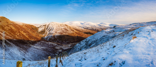 Panorama of Devil's Beef Tub from Annandale Way.  The name derived from the Border Reivers who used  it to hide their stolen cattle here, just south from the source of the River Tweed in the Borders