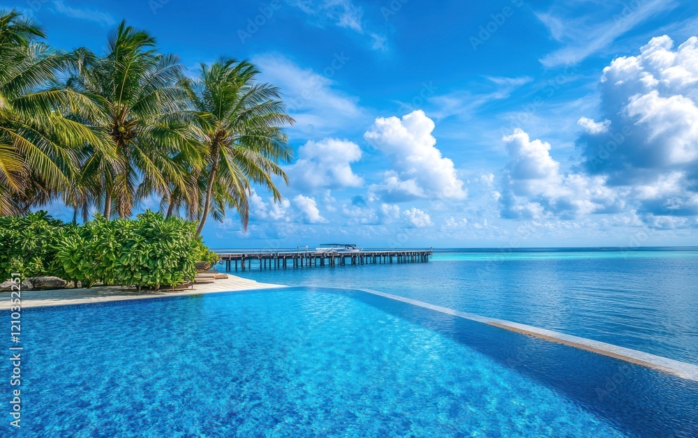 Tropical Paradise Pool with Palm Trees Overlooking the Ocean and a Wooden Pier under a Blue Sky Tropical Paradise Pool with Palm Trees Overlooking the Ocean and a Wooden Pier under a Blue Sky
