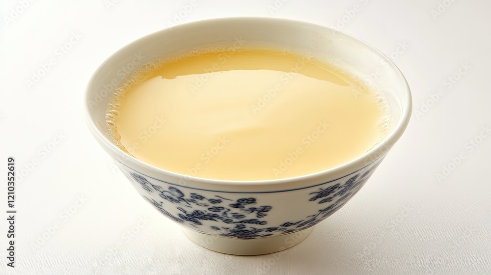 Bowl of chawanmushi Japanese steamed egg custard on a white background Bowl of chawanmushi Japanese steamed egg custard on a white background