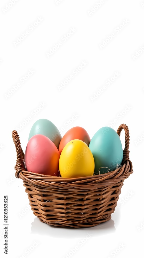 Colorful Easter eggs in wicker basket isolated on white background Colorful Easter eggs in wicker basket isolated on white background