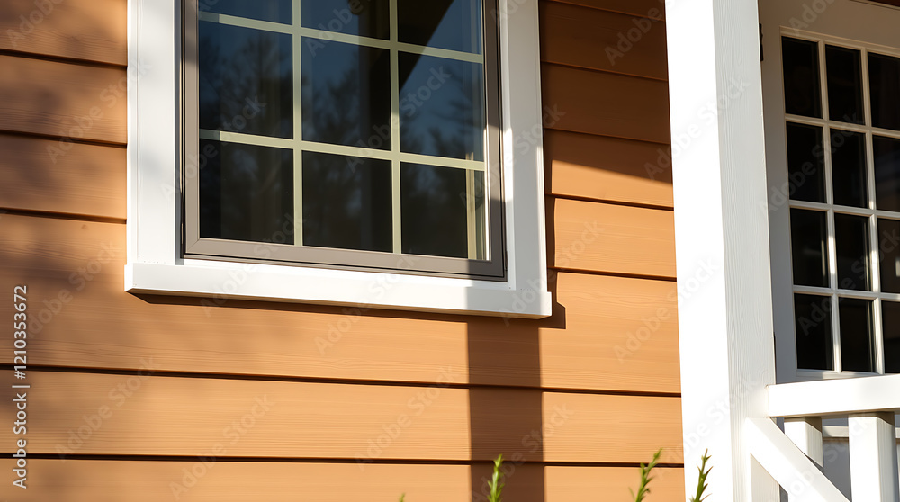 Fototapeta premium Captivating View of a House Exterior: A Blend of Wood and Sunlight. Discover the architectural charm of this home's design and siding.