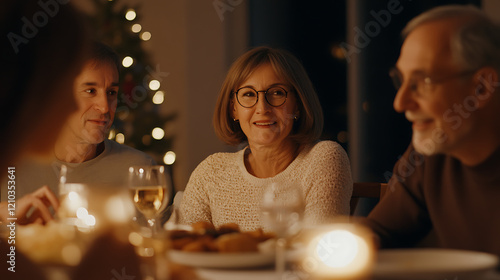 Cozy family gathering, relaxed middle-aged adults enjoying meal in warm atmosphere with light, perfect for holiday theme. photo