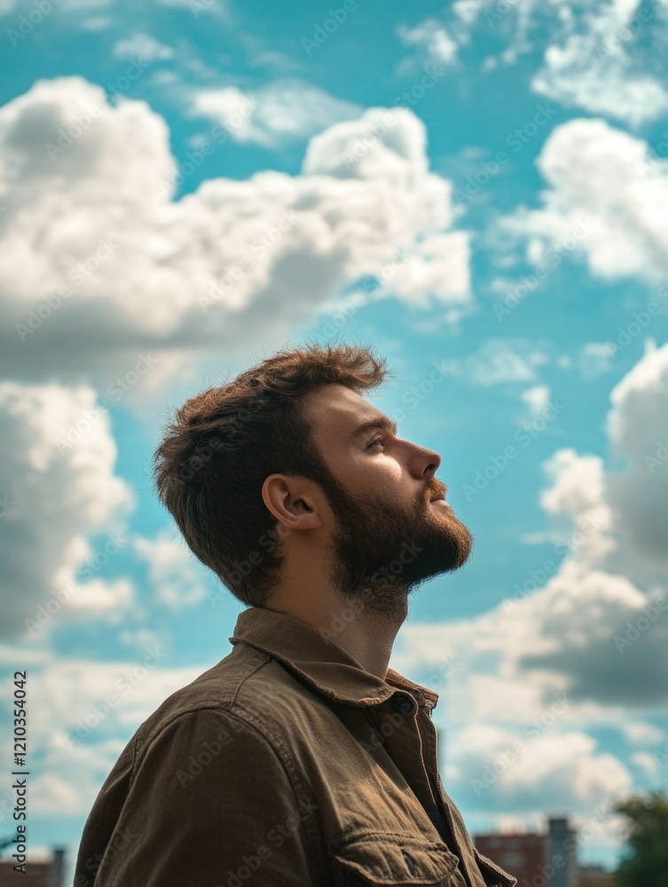 Contemplative Bearded Man under Clouds Contemplative Bearded Man under Clouds