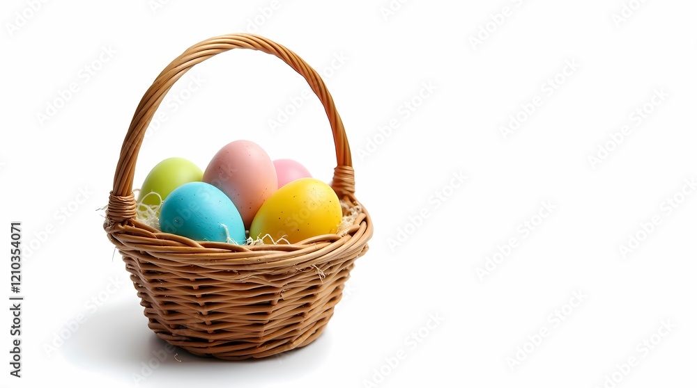 Colorful Easter eggs in wicker basket isolated on white background Colorful Easter eggs in wicker basket isolated on white background