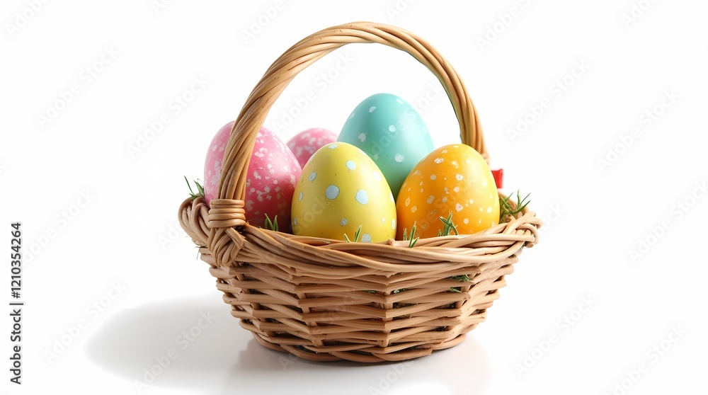 Colorful Easter eggs in wicker basket isolated on white background Colorful Easter eggs in wicker basket isolated on white background