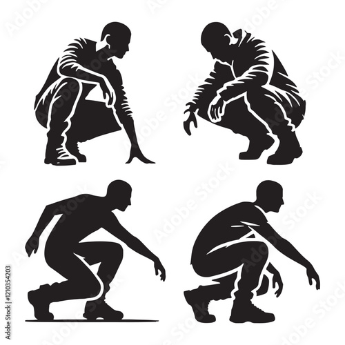 Editable set of crouching man silhouette - man crouching vector set - man crouching illustrations set
