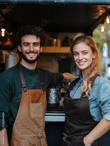 Fototapeta Naklejka Na Ścianę i Meble -  Couple behind Coffee Cart