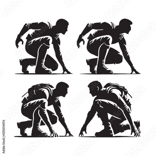 Stylish set of crouching man silhouette - man crouching vector set - man crouching illustrations set
