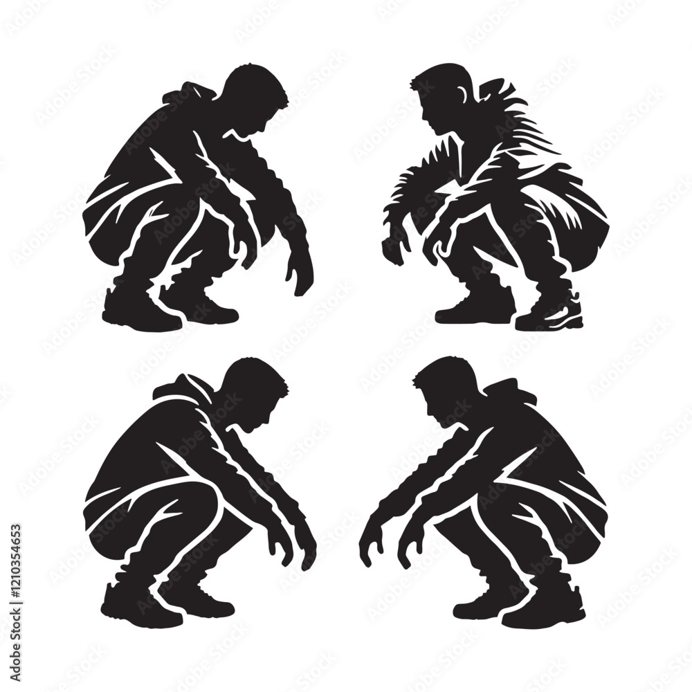 Fototapeta premium Bold set of crouching man silhouette - man crouching vector set - man crouching illustrations set 