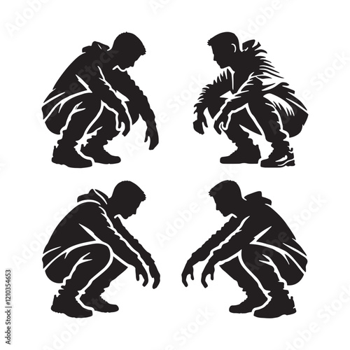Bold set of crouching man silhouette - man crouching vector set - man crouching illustrations set

