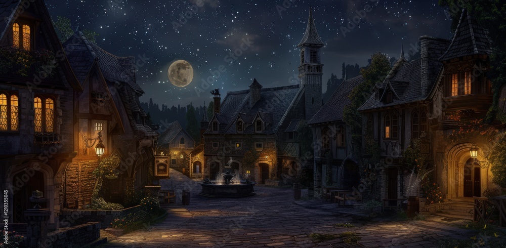 Medieval village at night, illuminated by the soft glow of lanterns and torches. Medieval village at night, illuminated by the soft glow of lanterns and torches.