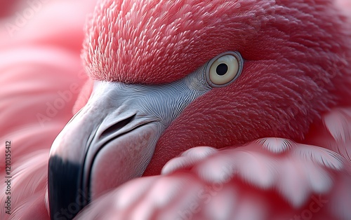 Close-up of a flamingo's head and neck, showing its pink feathers and eye.